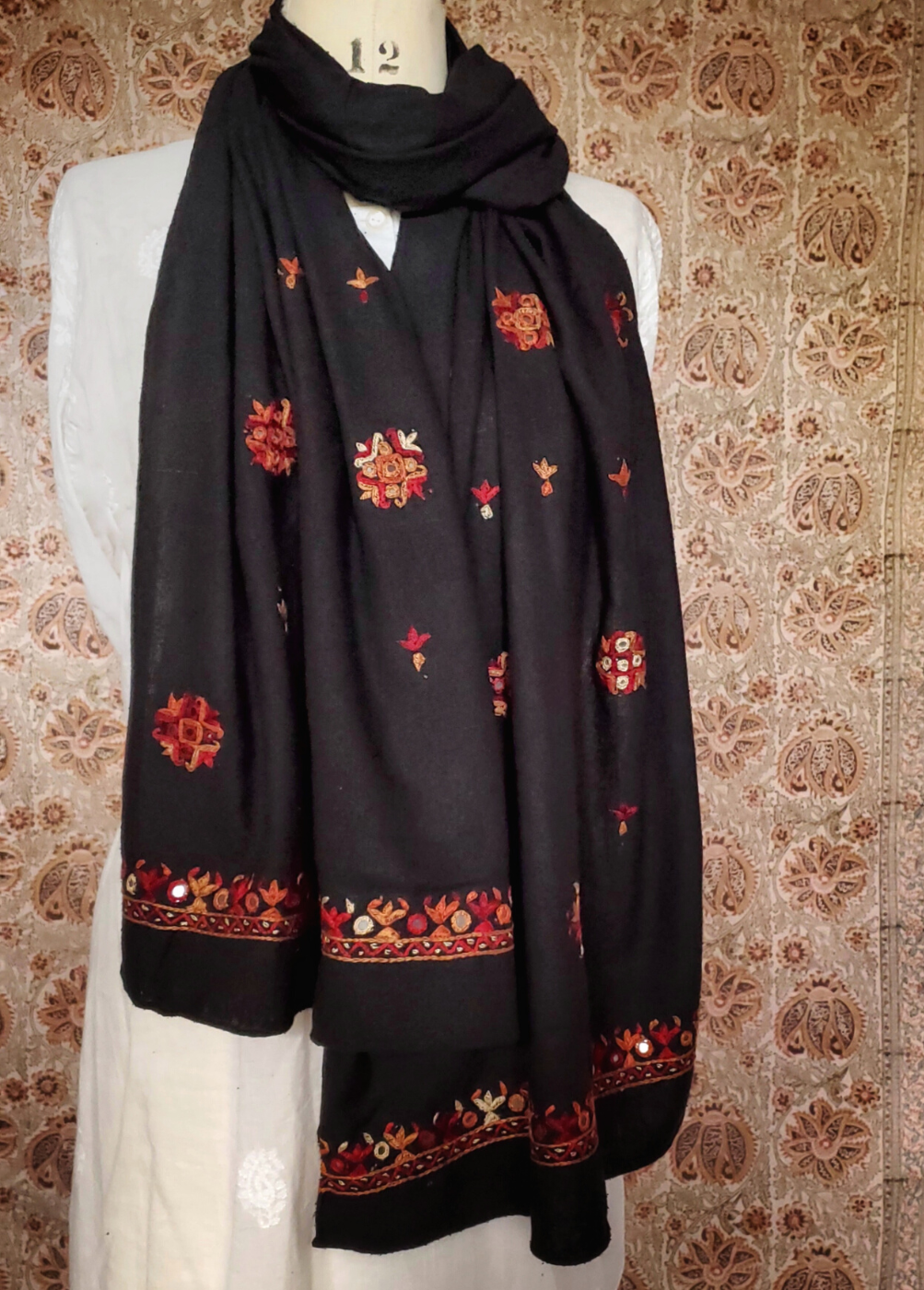 HAND EMBROIDERED PURE RAW SILK STOLE- BLACK