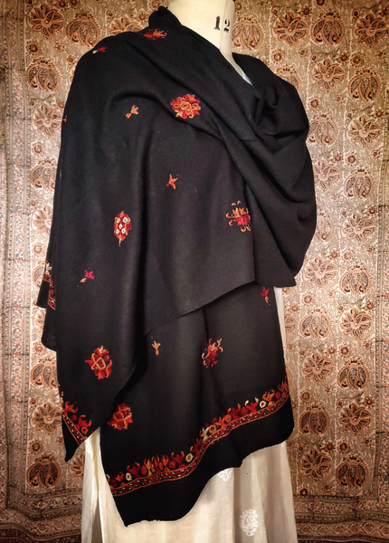 HAND EMBROIDERED PURE RAW SILK STOLE- BLACK
