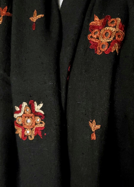 HAND EMBROIDERED PURE RAW SILK STOLE- BLACK