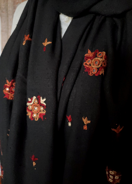 HAND EMBROIDERED PURE RAW SILK STOLE- BLACK