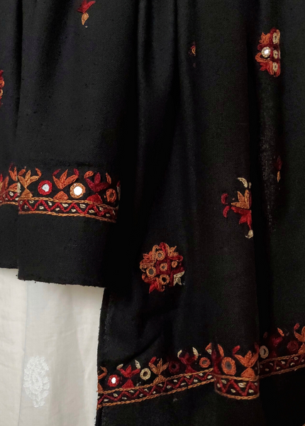 HAND EMBROIDERED PURE RAW SILK STOLE- BLACK