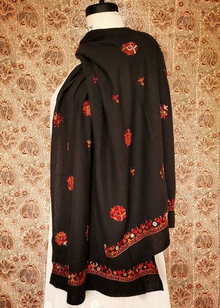 HAND EMBROIDERED PURE RAW SILK STOLE- BLACK