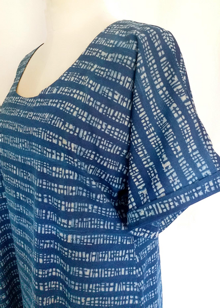 T-Shirt Style Cotton Summer Dress in Indigo and White Horizontal Stripe Print. Sits Above the Ankles.
