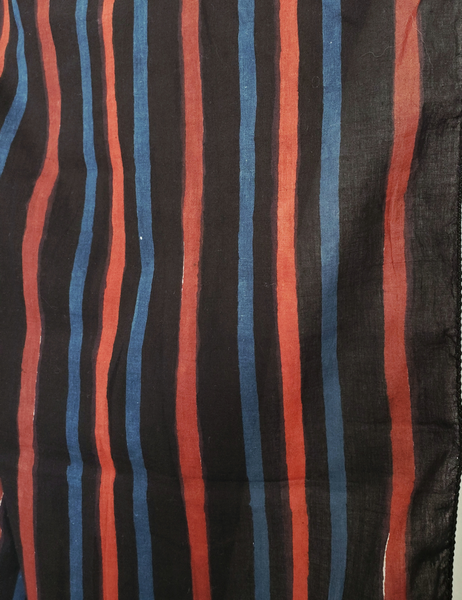 Blue, red and black striped hand block print scarf. The black stripe is the thickest and most prominent.